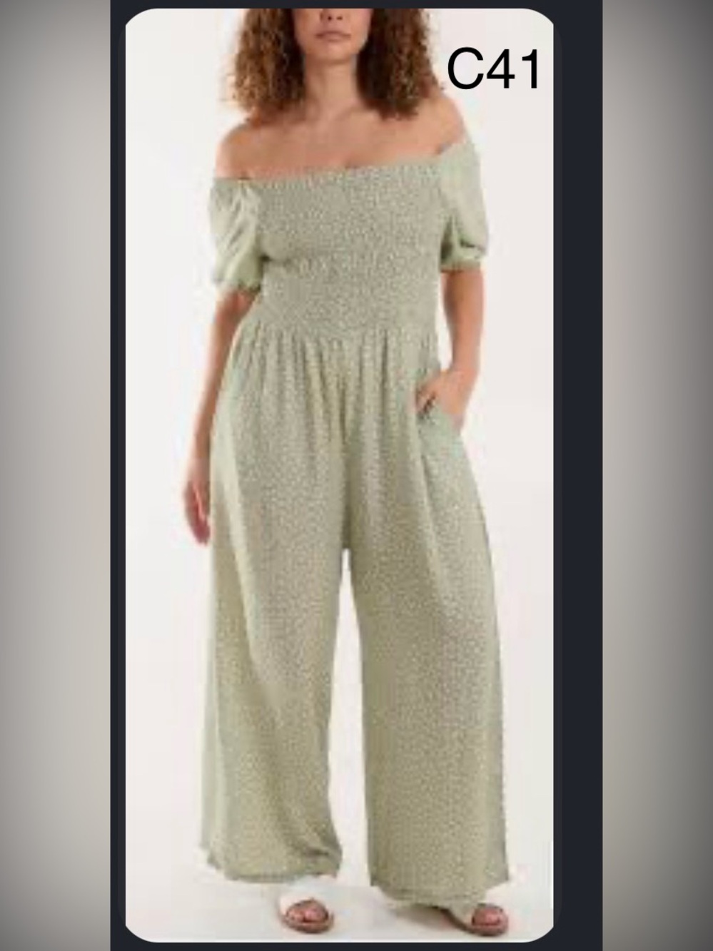 Smocked Off-Shoulder Wide-Leg Jumpsuit in Sage,Size Medium